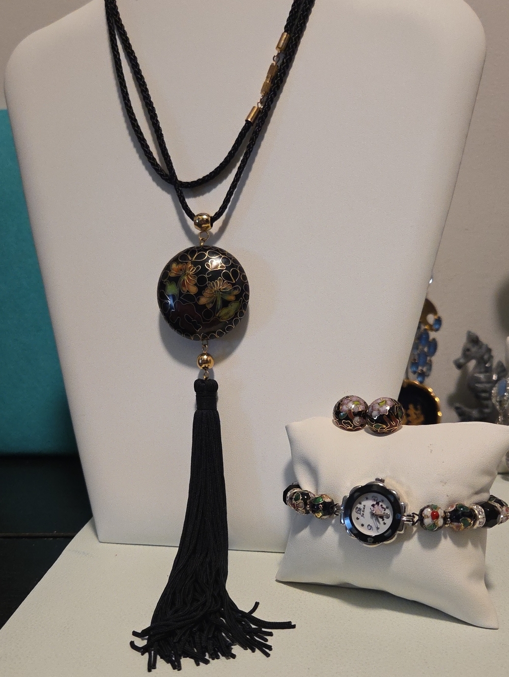 Black Cloisonné Tassel Pendant, Earrings And Watch Set